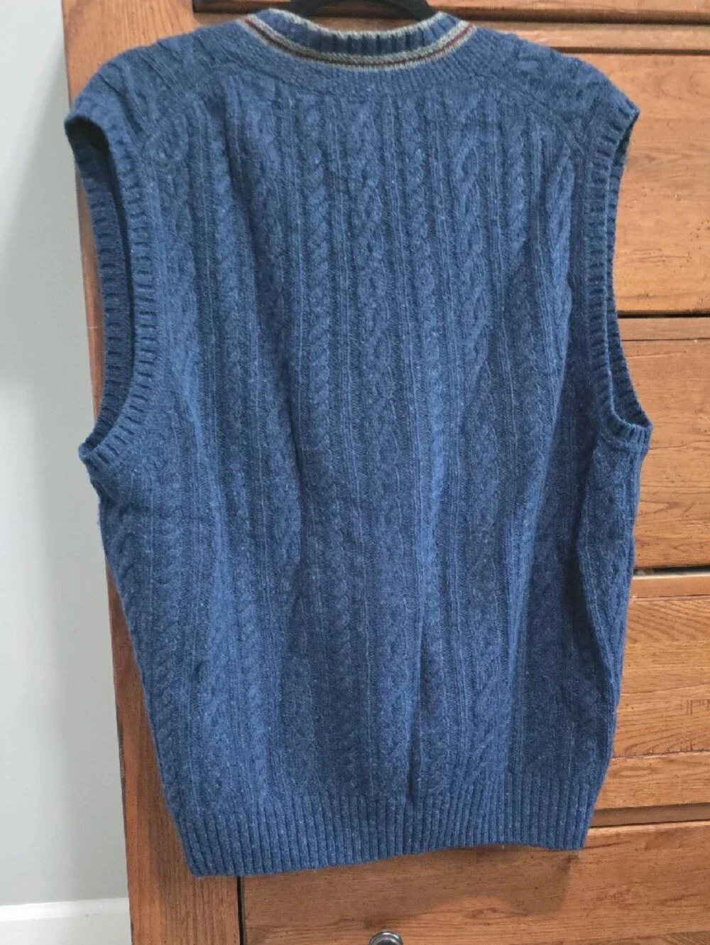 Jos. A. Bank Blue Cable-Knit V-Neck Sweater Vest with Striped Trim